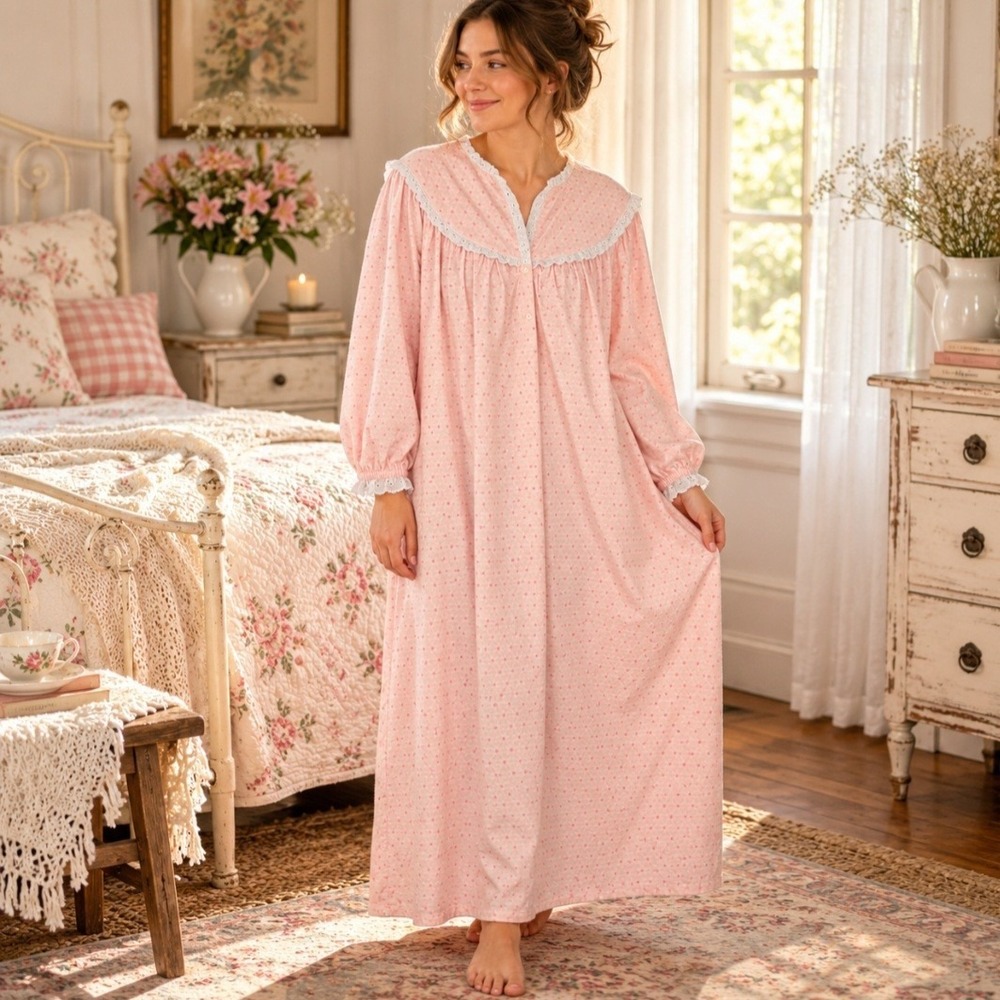 Lanz of Salzburg Nightgown Small Pink Floral Cotton Flannel Prairie Cottagecore